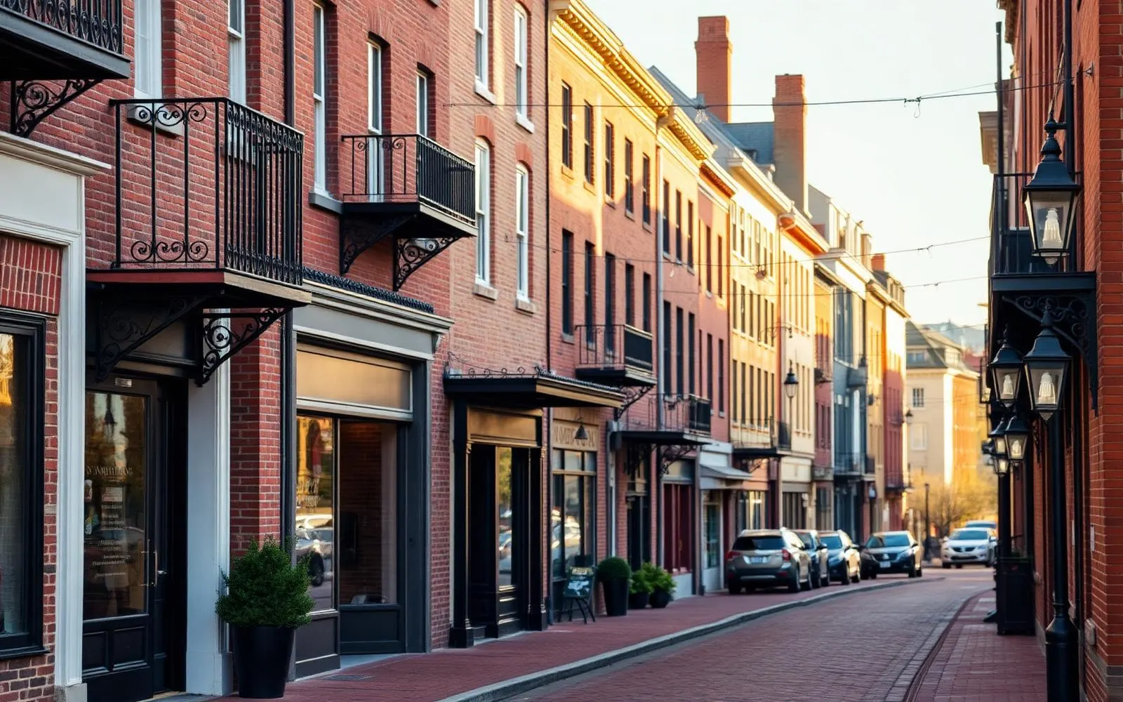 A brick storefront street in downtown Lancaster in warm late-day light