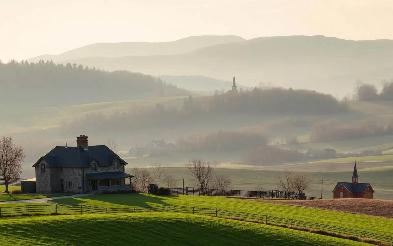 A stone farmhouse and rolling farmland in the Lebanon Valley at soft morning light