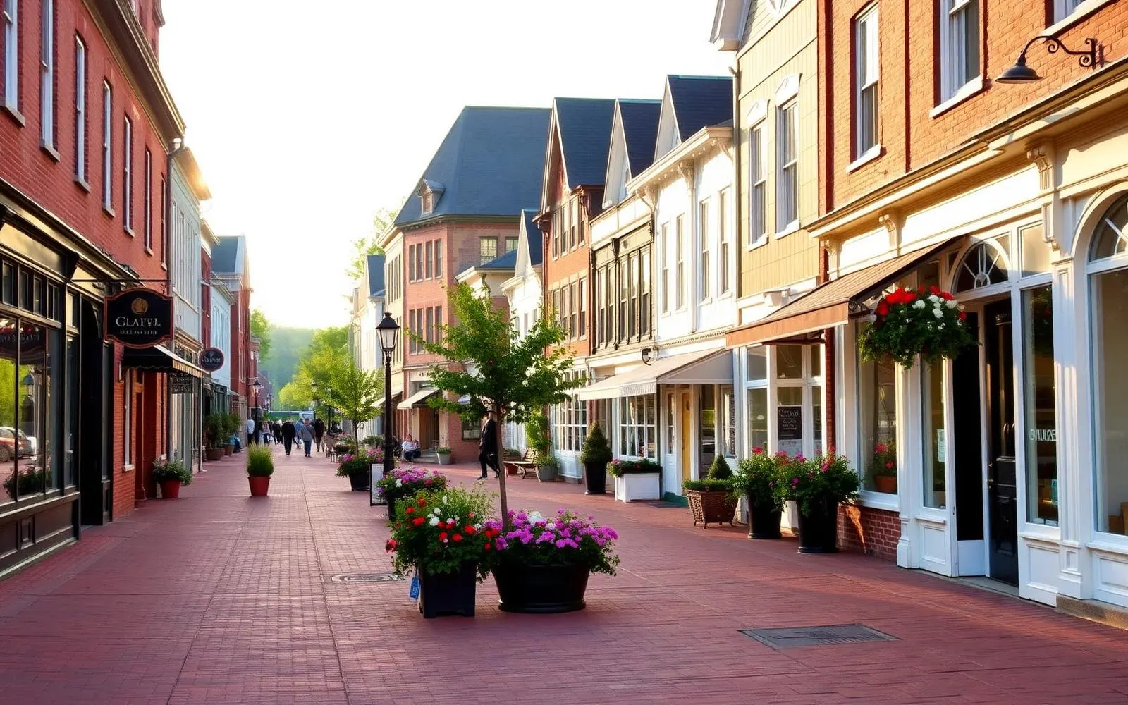 A brick sidewalk and historic storefronts along the main street in Lititz