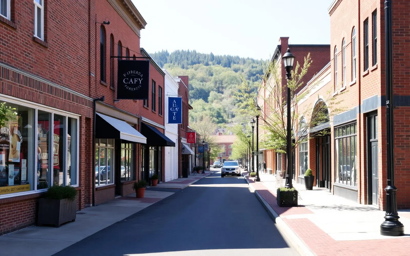 A bright borough main street with brick storefronts and awnings in Mechanicsburg