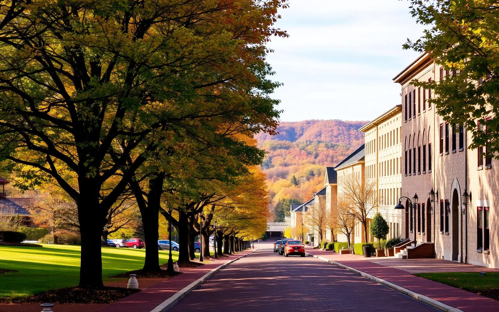 A tree-lined street in State College with autumn color and ridgelines beyond