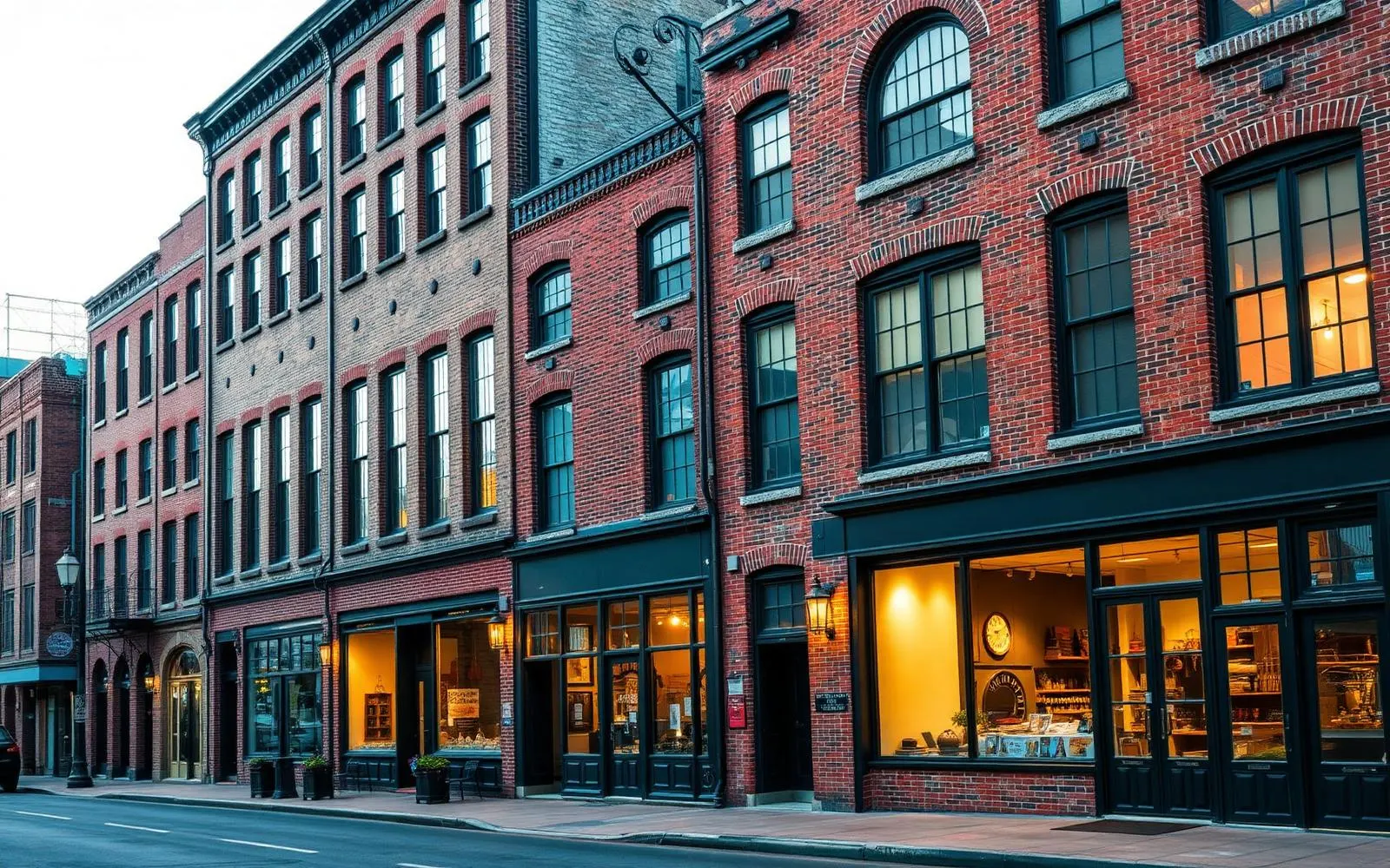 Restored brick industrial and commercial buildings along a York street at dusk
