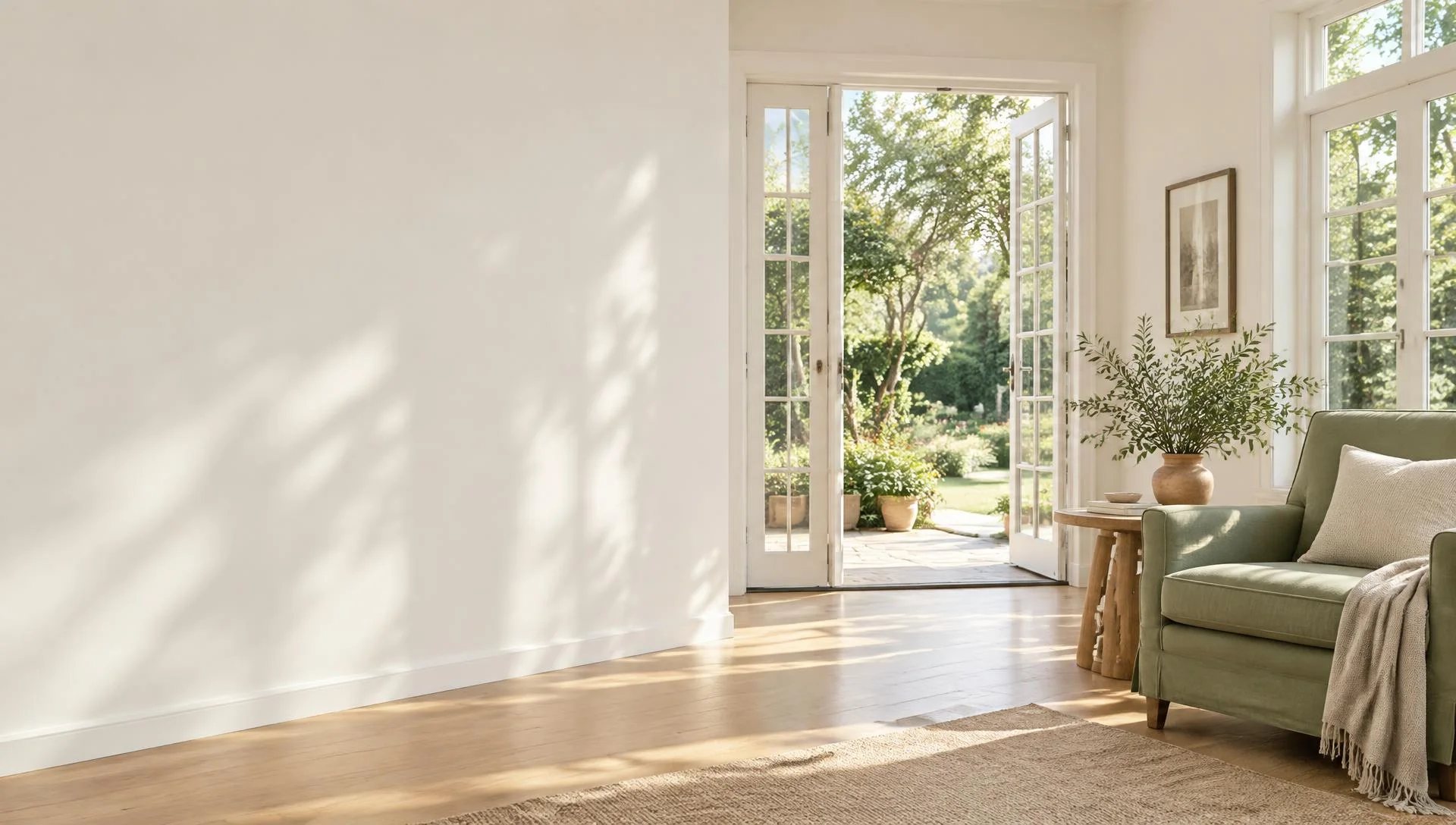 An inviting sunlit home interior with an olive armchair and open garden doors