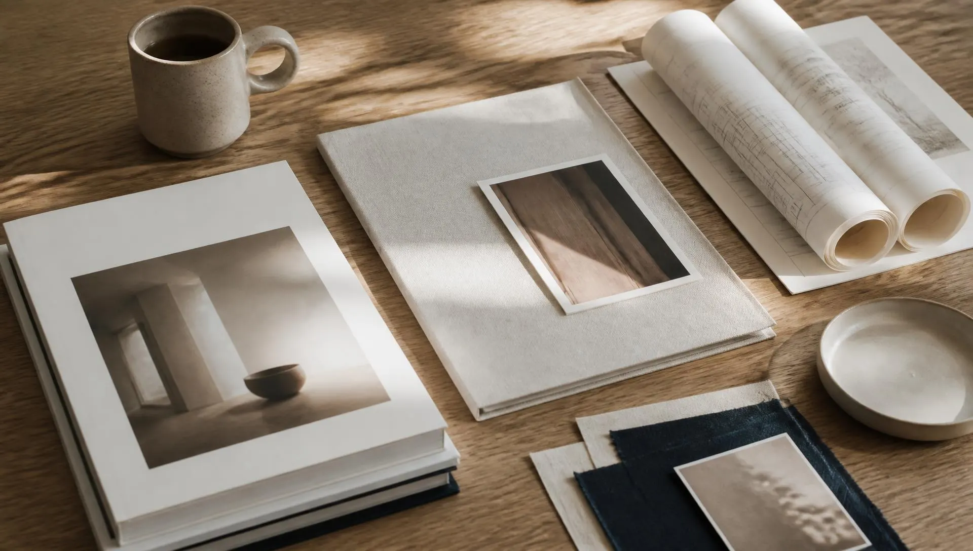 Printed guides, drawings, and material samples on an oak table in natural light