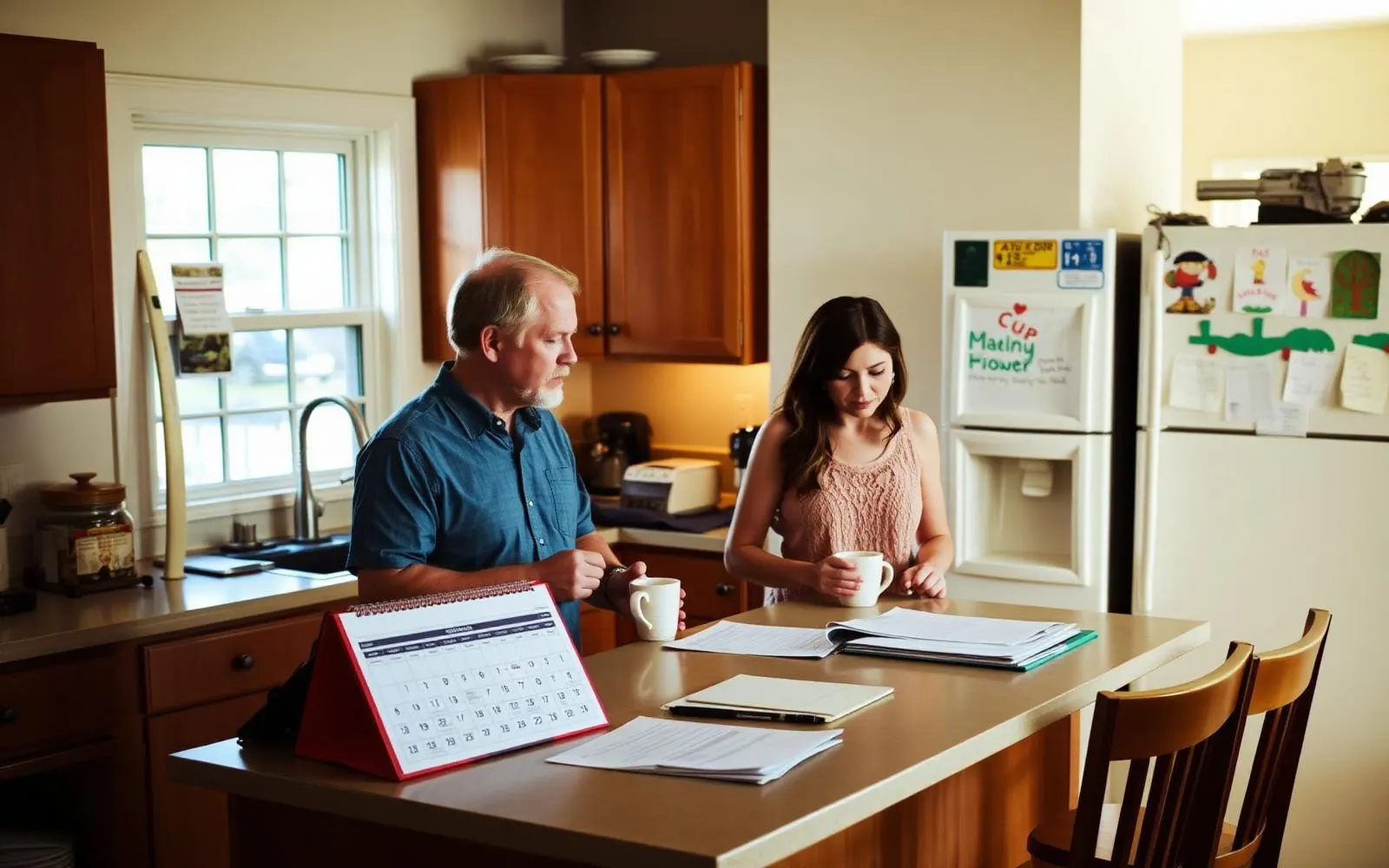 Two adults talking over coffee at a kitchen counter with a calendar and paperwork