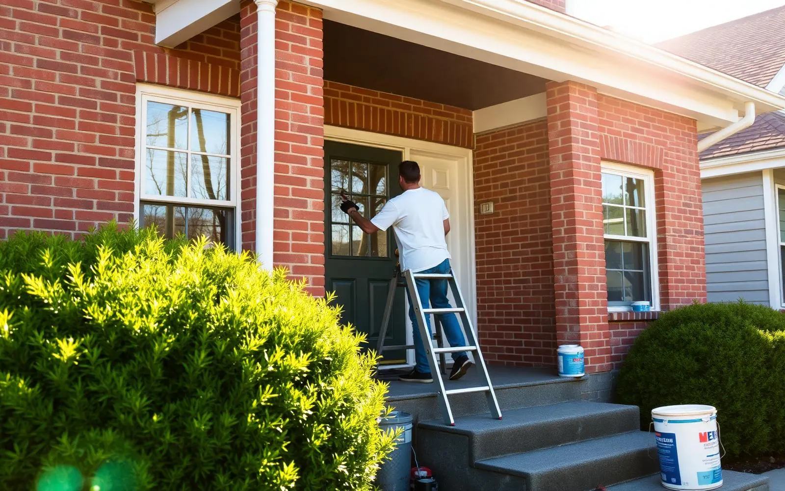 A person painting the porch trim of a modest brick twin home on a sunny morning