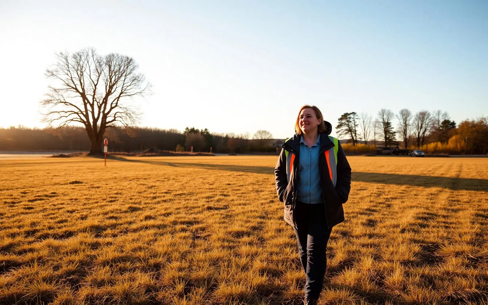 A woman in a work jacket walking an open field at golden hour with survey stakes and a treeline behind