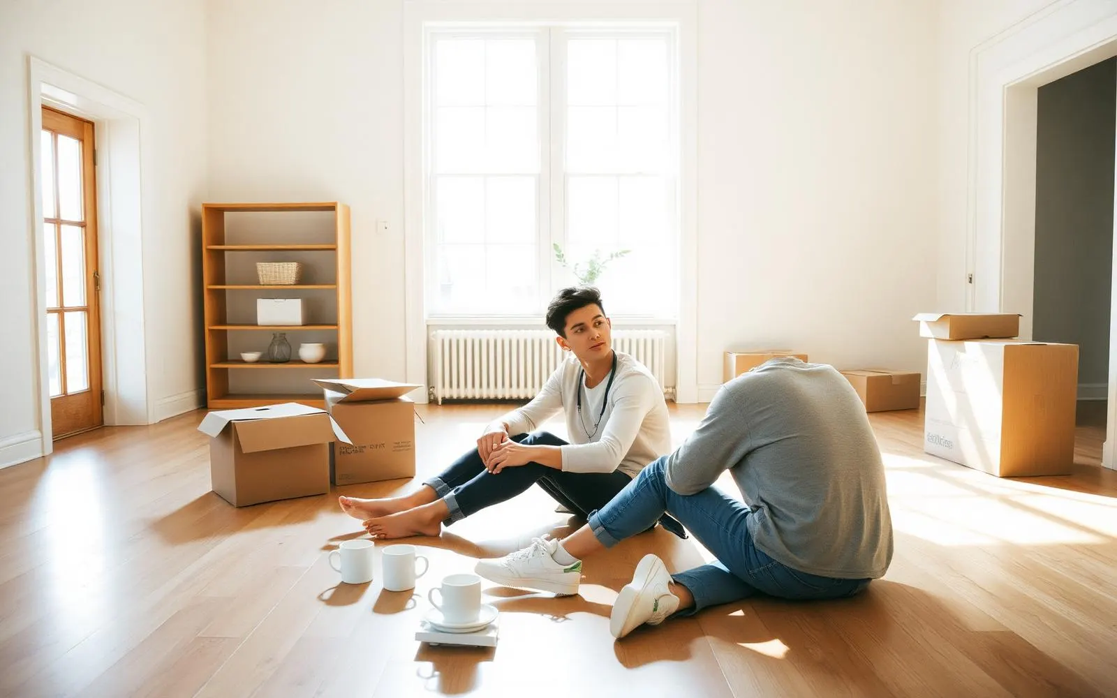 A young couple sitting on the bare floor of a sunlit empty room with moving boxes and coffee
